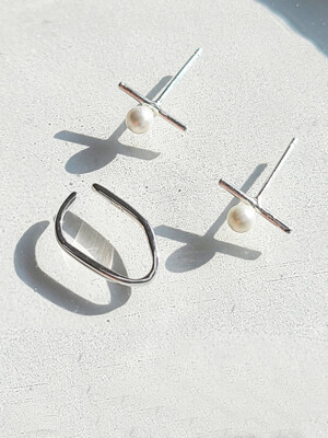 92.5 Silver Pearl & Bar Earrings & Earcuff Set