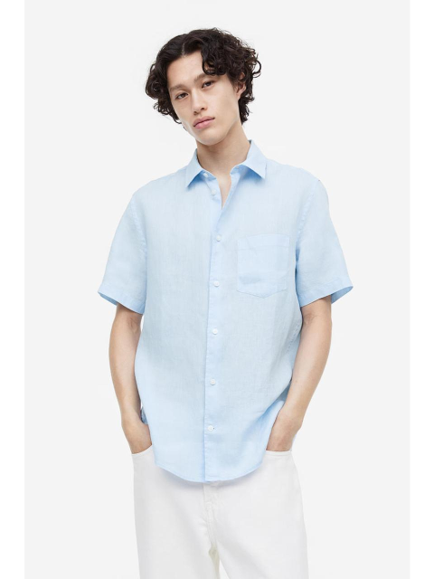 셔츠 - 에이치엔엠 (H&M) - Regular Fit 쇼트 슬리브 리넨 셔츠 라이트 블루 1035597009