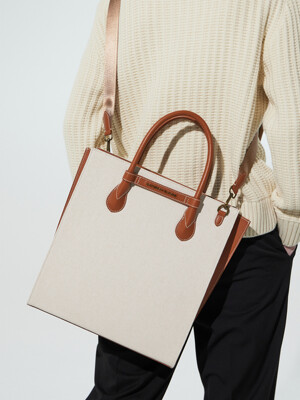 NO.50 TWO-TONE CANVAS BRIDGE SLIM TOTE _ BROWN IVORY