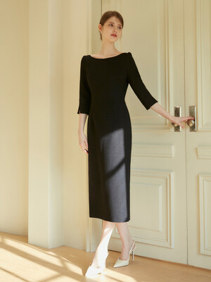 SERENA Boat neck Tweed Dress_Dark Navy