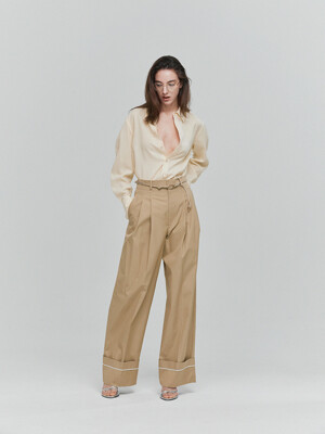 BELTED COTTON TURN-UP PANTS_BEIGE