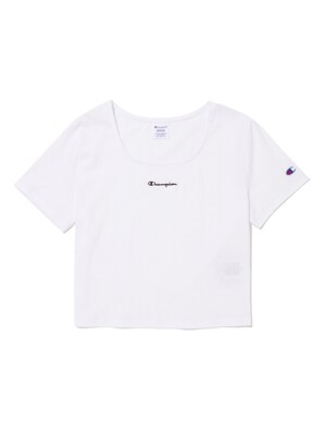 [ASIA][한국별주] 여성 Champion 스크립트 자수 U넥 티셔츠 (WHITE) CKTS4E060WT