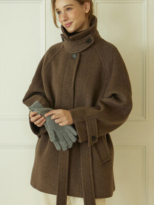 Raglan Belted Wool Half Coat - Brown