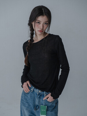 [단독]SEE-THROUGH ROUND NECK SHIRRING TSHIRT_BLACK