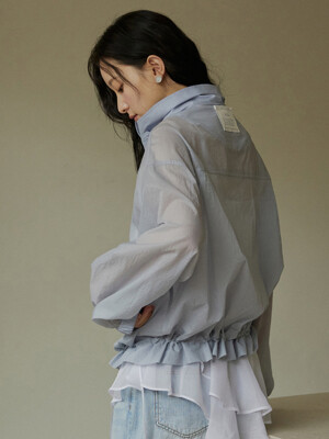 Lace back label ribbon string summer blouson - ashblue