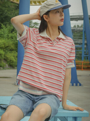 Striped collar t-shirt TISU04TS01_Pink
