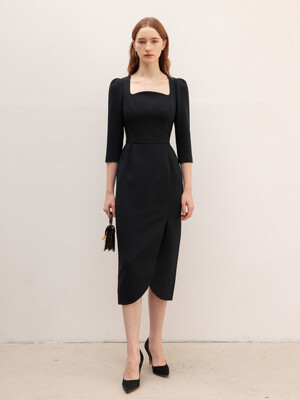 AMELIA Square neck tulip-skirt dress (Ivory/Black)