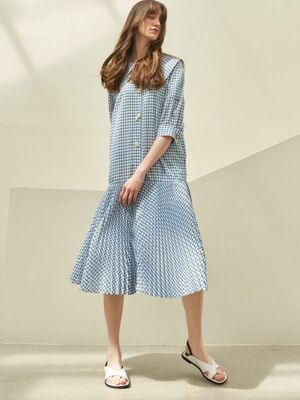 CAPE COLLOR PLEATED DRESS_BLUE CHECK