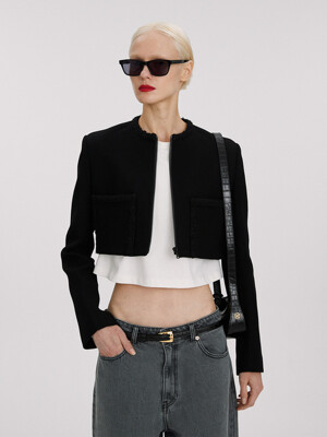 TWEED DETAIL CROPPED ZIPPED JACKET (BLACK)