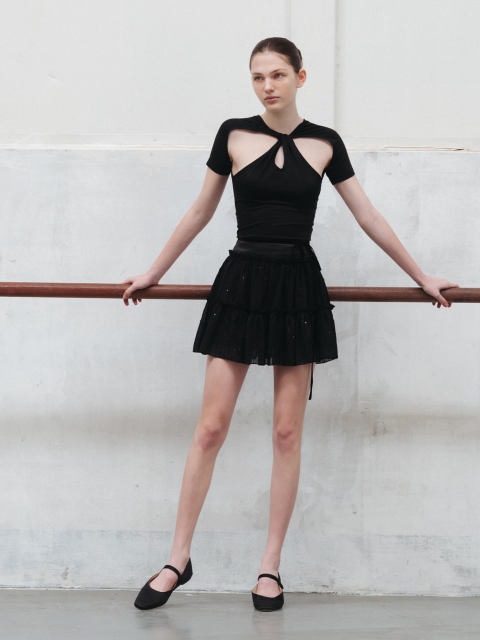 스커트 - 더티스 (THETIS) - GATHERED CHIFFON TIERED SKIRT_TT3S505BK