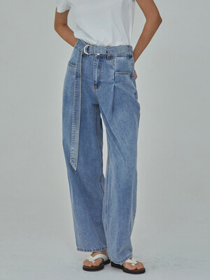 DENIM BELT TUCK WIDE LONG PANTS INDIGO