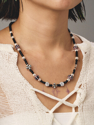 Clover beads necklace (black) (925 silver)