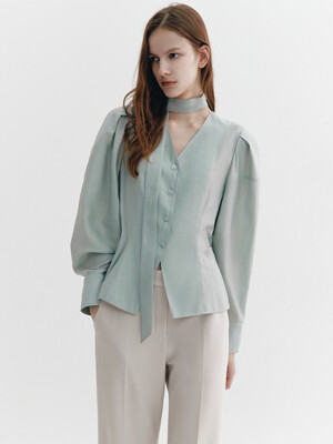 Tie-decorated Puffed sleeve Blouse MINT