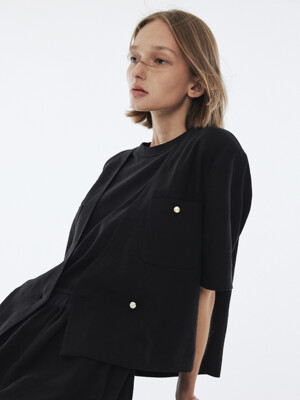 Collarless Linen Summer Jacket (Black)