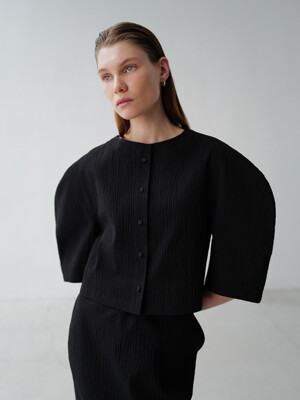 Cotton seersucker volume Blouse _black