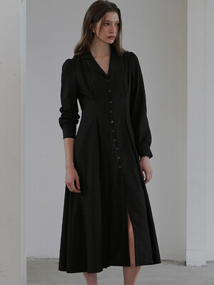 Classic Open Collar Long Dress [Black]