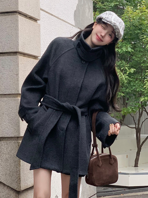 논로컬 Raglan Belted Wool Half Coat - Charcoal