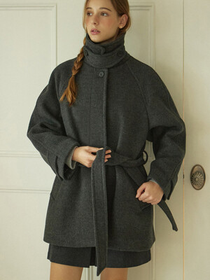 Raglan Belted Wool Half Coat - Charcoal