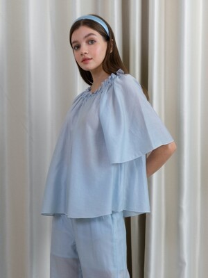 Summer tencel shirring blouse (Light blue)