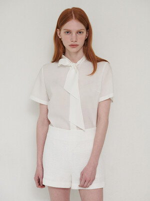 EJnolee White Flame_Short-Sleeved Ribbon Tie Blouse