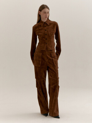 FAUX SUEDE CARGO PANTS (BROWN)