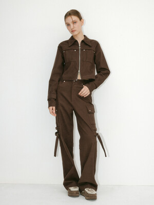 CORDUROY STRAP POINT WIDE CARGO PANTS - BROWN