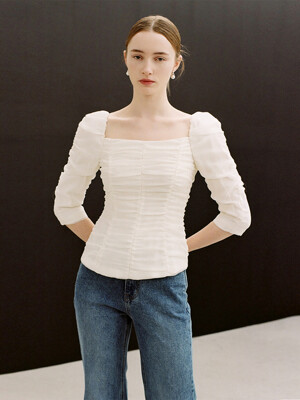 DAKOTA Square neck shirring detailed blouse (Ivory/Black/Pale pink)