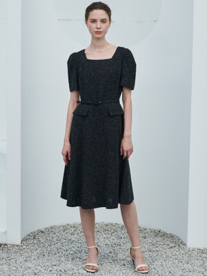 [단독] MAELLE Square Neck A-Line Tweed Dress (Black)