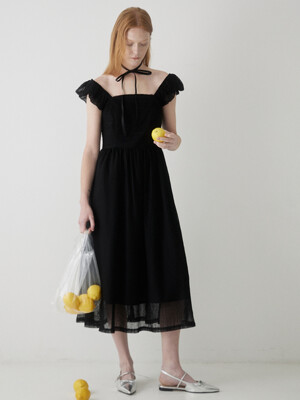 Square Neck Lace Long Dress - Black