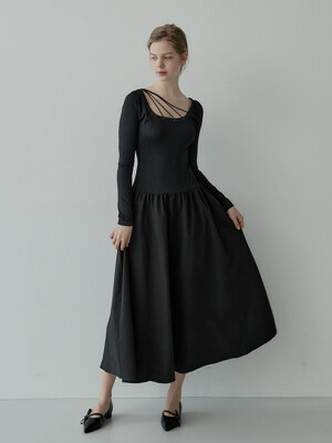 String Waist Stitch Long Dress - BLACK