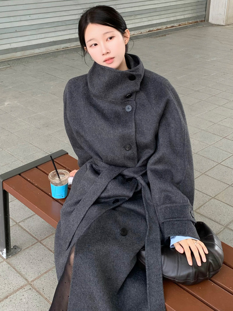 하시에 [리라 PICK] FUNNEL NECK CASHMERE BLENDED LONG COAT [CHARCOAL][BLACK]