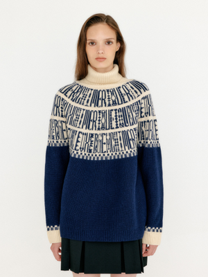 VIBBLE Paneled Lettering Jacquard Pullover - Navy/Beige