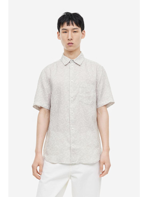 셔츠 - 에이치엔엠 (H&M) - Regular Fit 쇼트 슬리브 리넨 셔츠 라이트 베이지/패턴 1035597008