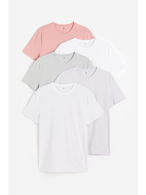 티셔츠 - 에이치엔엠 (H&M) - 슬림핏 티셔츠 5장 세트 핑크/그레이/화이트 0624684026