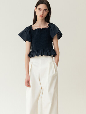 RESORT23 Smocking Ruffle Blouse Dark-Navy