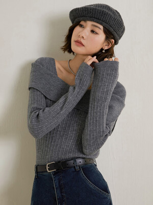 LS_Gray square neck knit top