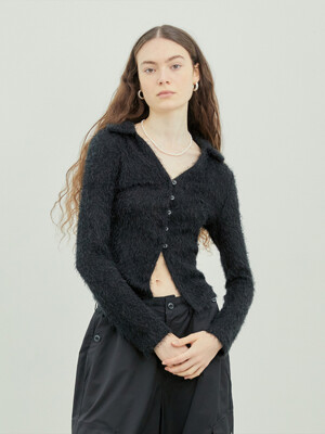 Button-Fastening Fluffy Cardigan (BLACK)