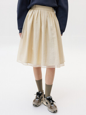 BOROMWAT Flared layered tuck midi skirt (Cream/Navy)