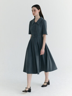 Summer Wool Belted Half Sleeve Dress_2color