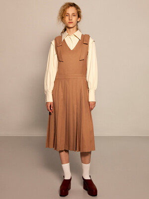 Shoulder Ribbon Pleated Dress_Beige