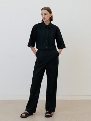 coated linen straight pants (black)