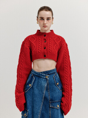 XILI Cable Knit Crop Cardigan - Red