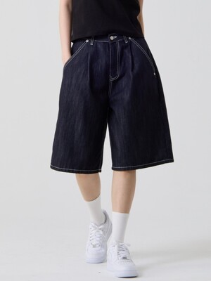 버뮤다 와이드 원턱 데님 쇼츠 인디고_Bermuda Wide One Tuck Denim Shorts Indigo