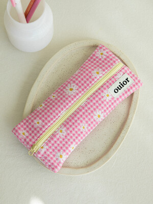 ouior flat pencil case - check flower pink (middle zipper)