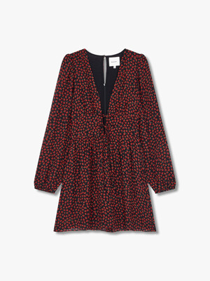 리본 브이넥 플라워 패턴 드레스 (Tris Dress)_블랙 RF14307073
