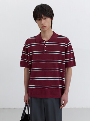 UNISEX STRIPED POLO KNIT BURGUNDY CREAM_M_UDSW5B122D2