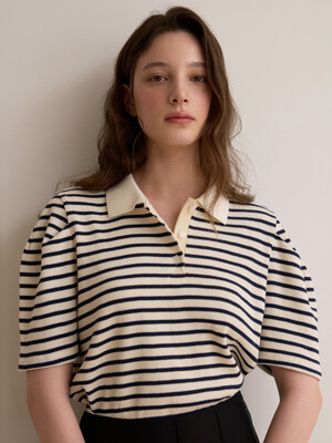 Stripe collar puff top - Navy