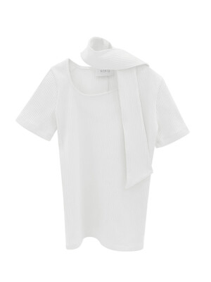 Pleats scarfed jersey short top - white