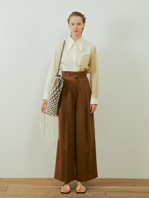 PLEATED WAIST WIDE-LEG TROUSERS - BROWN