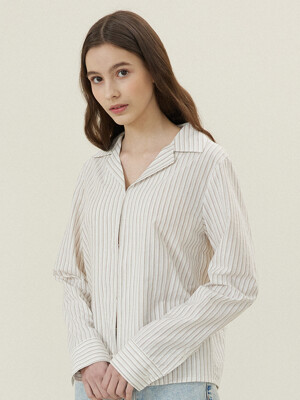 Stripe Open Collar Hook Shirts [BEIGE]